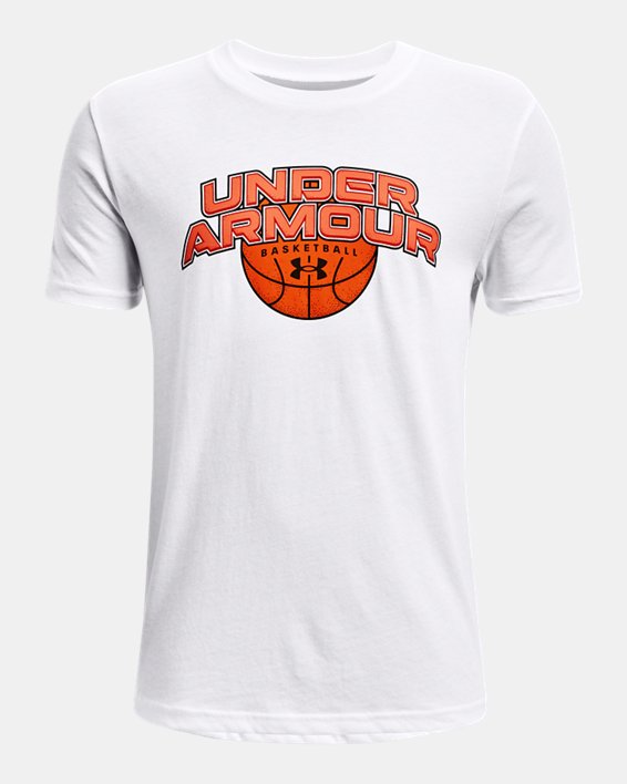 เสื้อแขนสั้น UA Basketball Wordmark สำหรับเด็กผู้ชาย in White image number 0